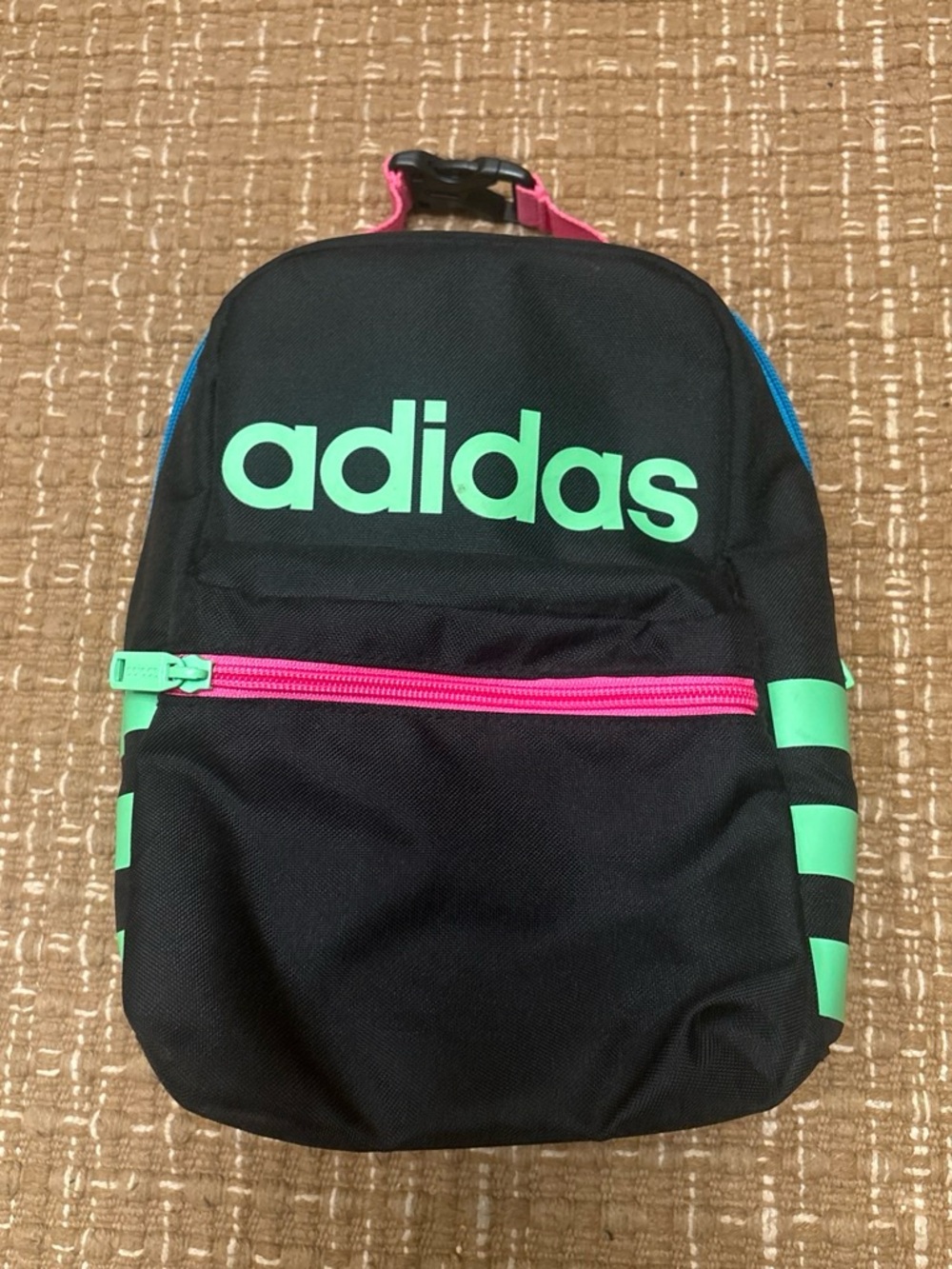 adidas Black Backpack with Mint Green Logo and Pink Zipper